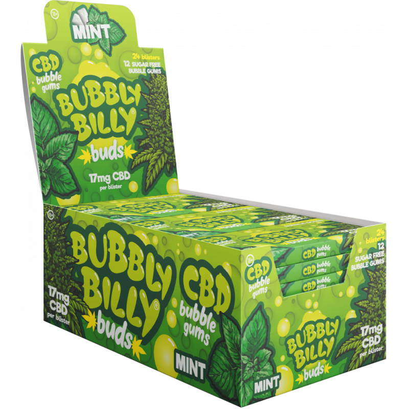 Bubbly Billy Buds Kaugummi mit Minzgeschmack (17mg CBD), 24 Schachteln im Display