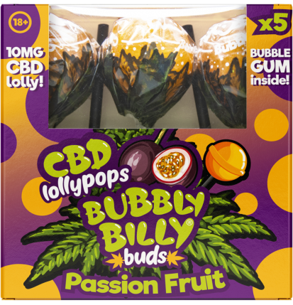 Bubbly Billy Buds 10 mg CBD-Maracuja-Lutschbonbons mit Kaugummi im Inneren – Geschenkbox (5 Lutschbonbons), 12 Kartons im Karton