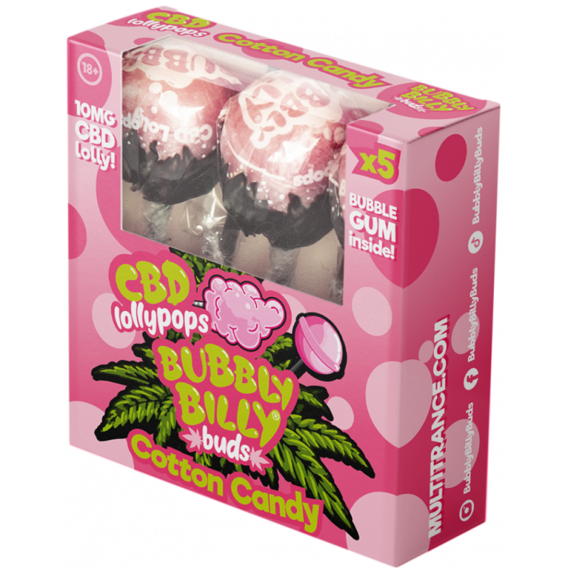 Bubbly Billy Buds 10 mg CBD Zuckerwatte-Lollis mit Kaugummi darin – Geschenkbox (5 Lollis), 12 Boxen im Karton