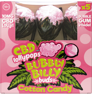 Bubbly Billy Buds 10 mg CBD Zuckerwatte-Lollis mit Kaugummi darin – Geschenkbox (5 Lollis), 12 Boxen im Karton