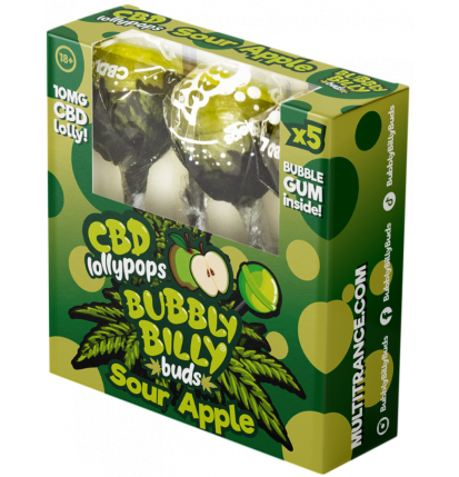 Bubbly Billy Buds 10 mg CBD Saure Apfel-Lollis mit Kaugummi darin – Geschenkbox (5 Lollis), 12 Boxen im Karton