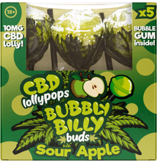 Bubbly Billy Buds 10 mg CBD Saure Apfel-Lollis mit Kaugummi darin – Geschenkbox (5 Lollis), 12 Boxen im Karton