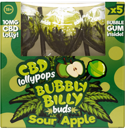 Bubbly Billy Buds 10 mg CBD Saure Apfel-Lollis mit Kaugummi darin – Geschenkbox (5 Lollis), 12 Boxen im Karton