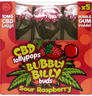 Bubbly Billy Buds 10 mg CBD Saure Himbeer-Lollis mit Kaugummi darin – Geschenkbox (5 Lollis), 12 Boxen im Karton