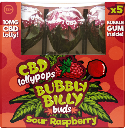 Bubbly Billy Buds 10 mg CBD Saure Himbeer-Lollis mit Kaugummi darin – Geschenkbox (5 Lollis), 12 Boxen im Karton